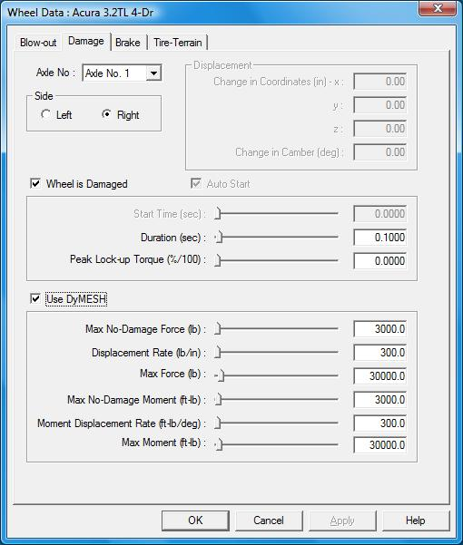 Figure: Wheel Data dialog, Damage tab